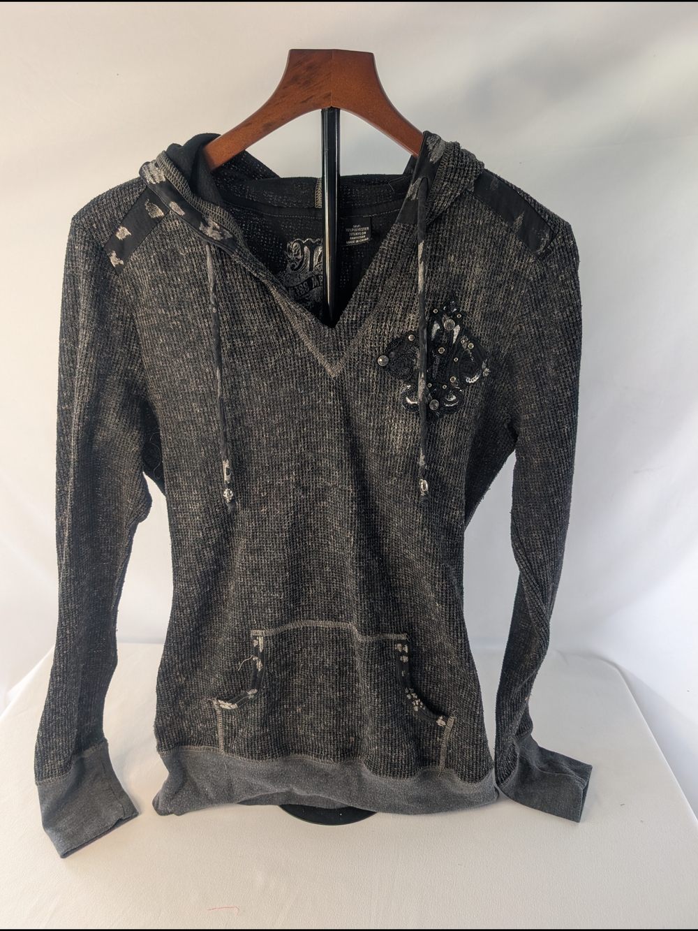 Miss Me Women's Large Gray Distressed Hooded Pullover Lightweight Sweatshirt